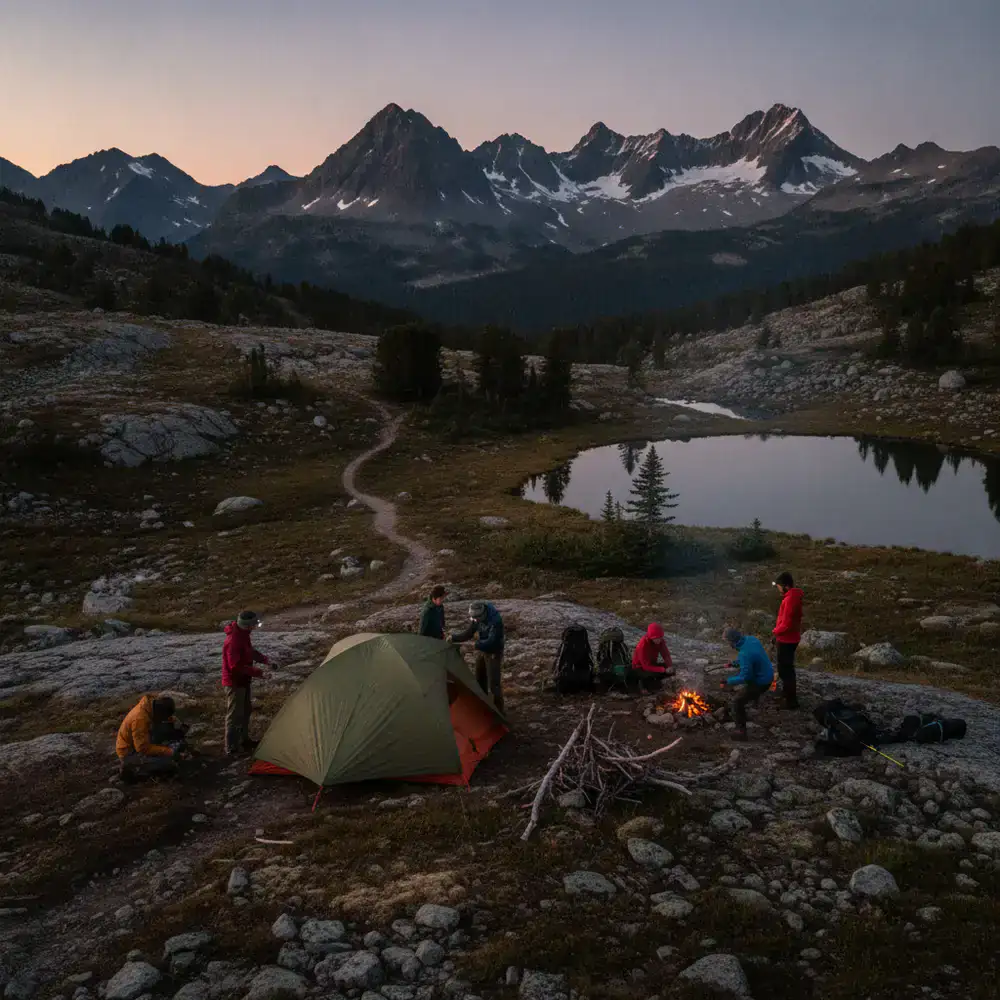 Group of hikers setting up camp at dusk