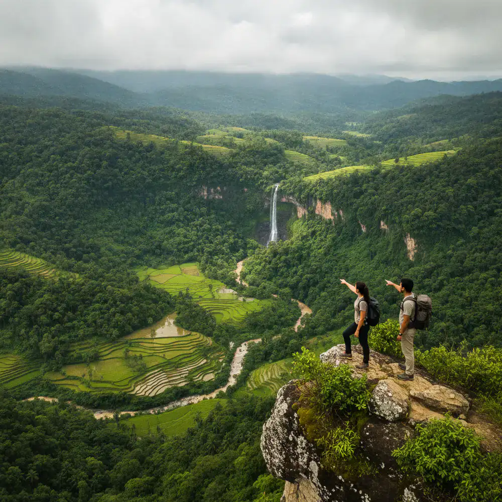 Hikers looking over a lush green valley in Bangladesh