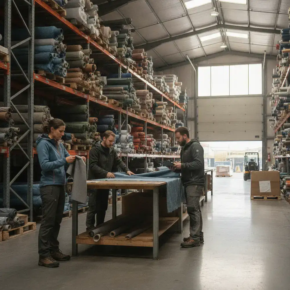 Founders inspecting tent fabrics in a warehouse
