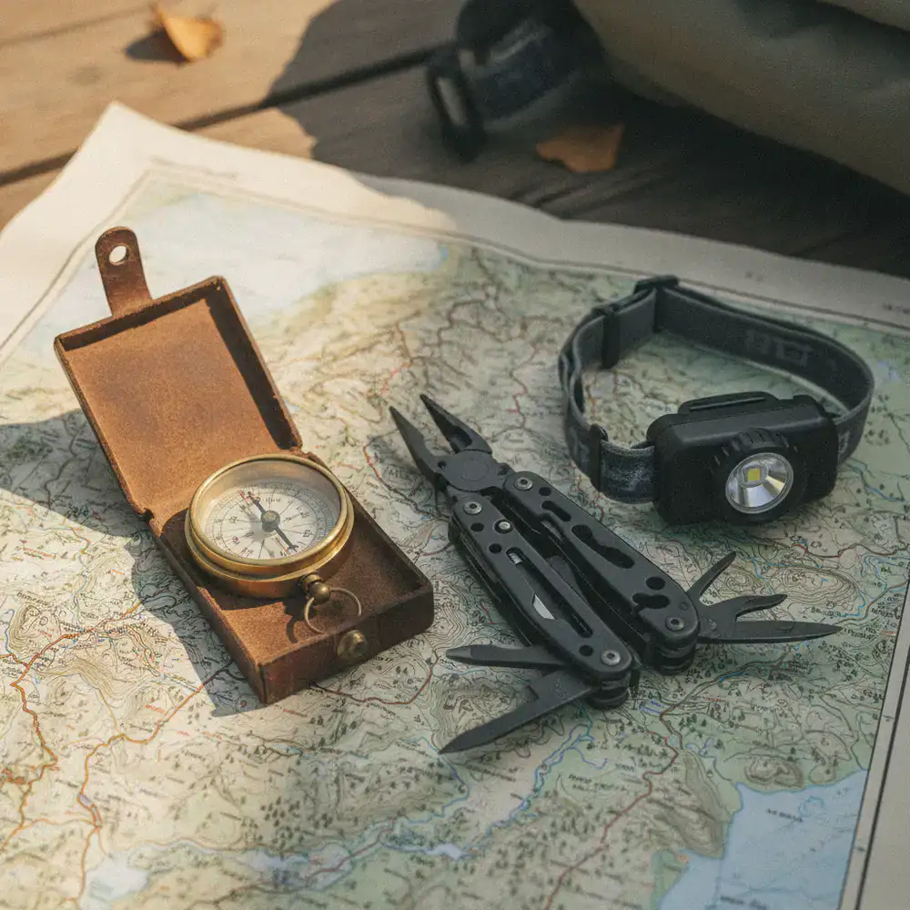Compass, multi-tool, and headlamp spread on a map