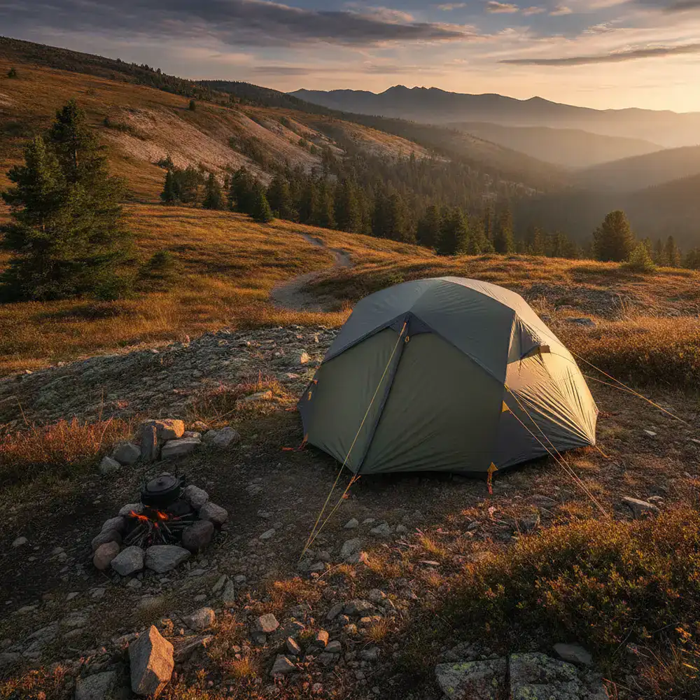 A sturdy camping tent pitched in a hilly landscape
