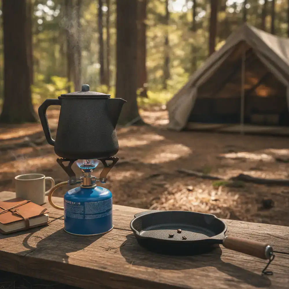 Portable camping stove brewing coffee with heavy duty cookware