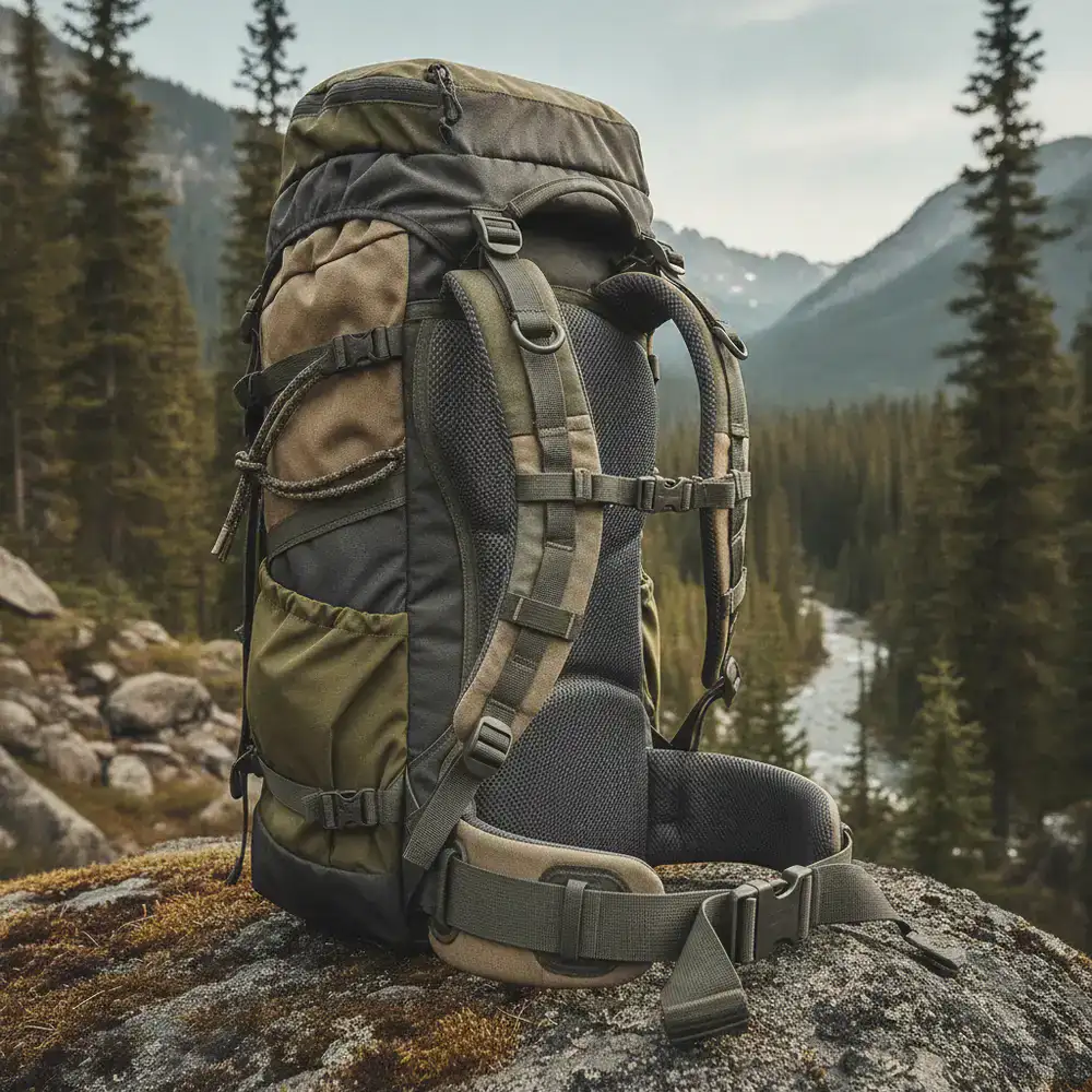 Ergonomic hiking backpack showing rugged strap details
