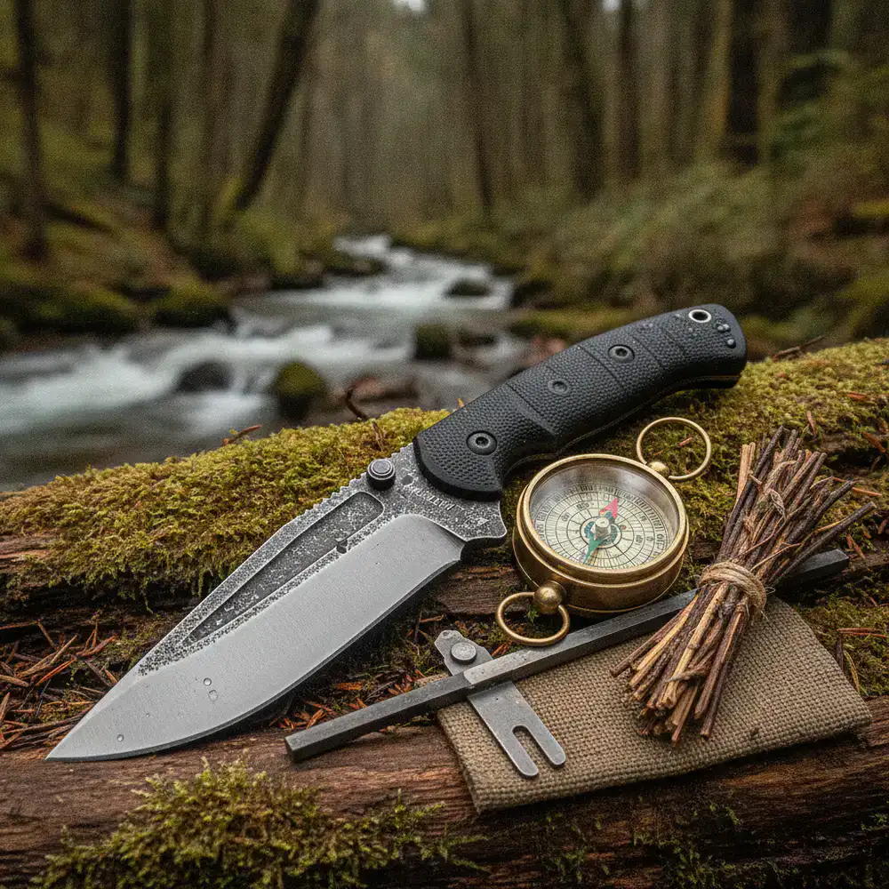 Outdoor survival knife, compass, and fire starter kit