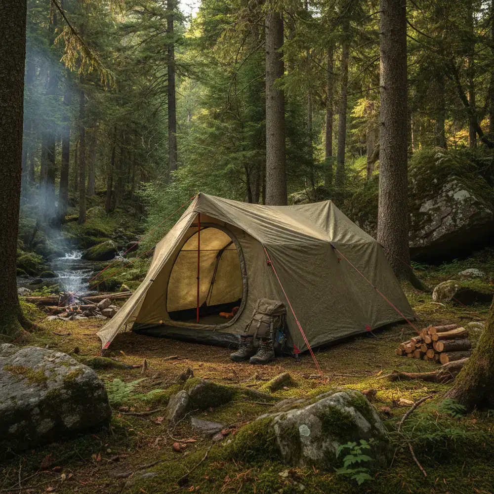 Durable expedition tent pitched securely in a forested area