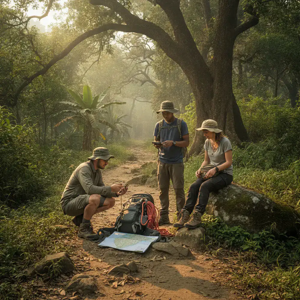 Hikers taking a break to check their gear on a trail in Bangladesh