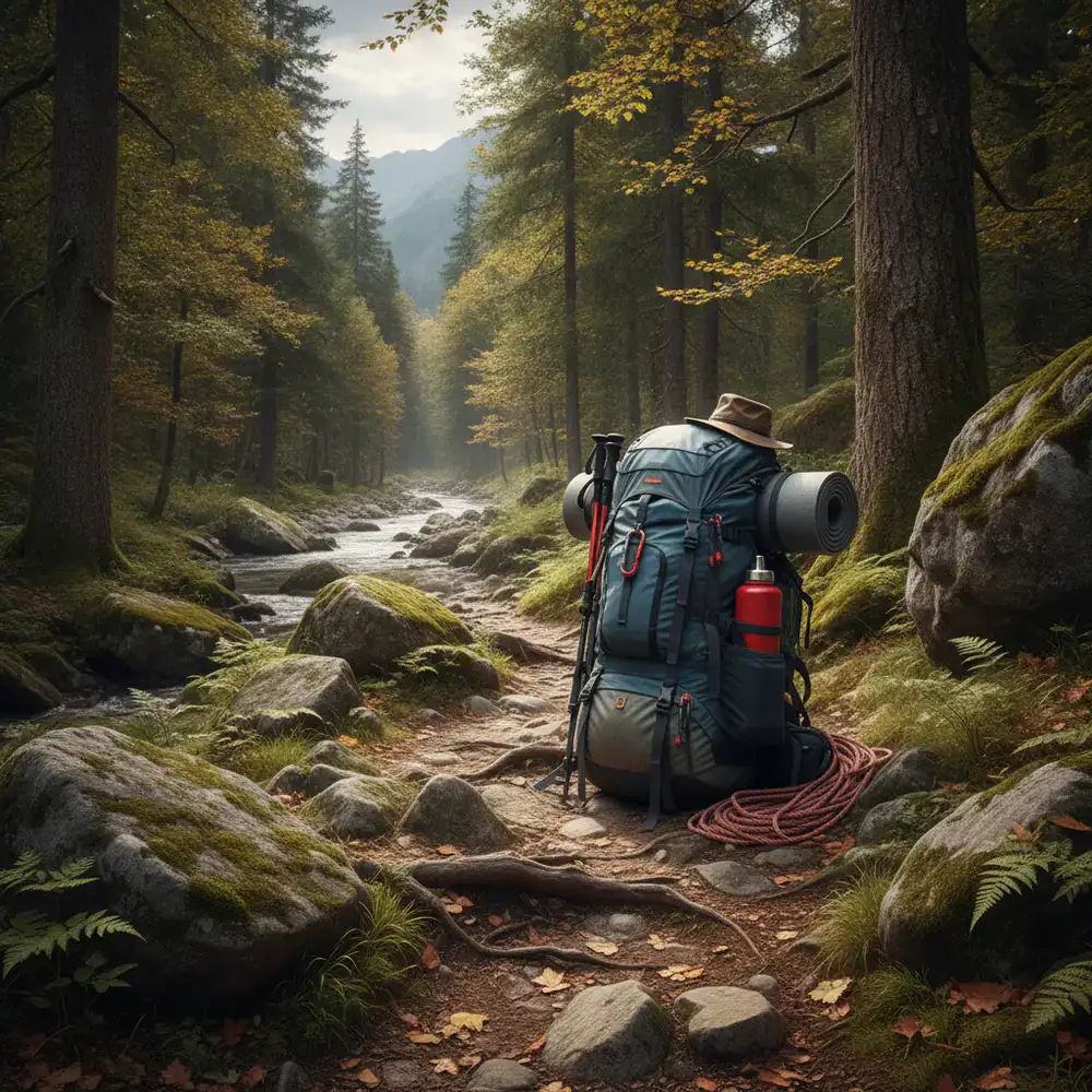 A loaded hiking backpack resting on a rocky forest trail