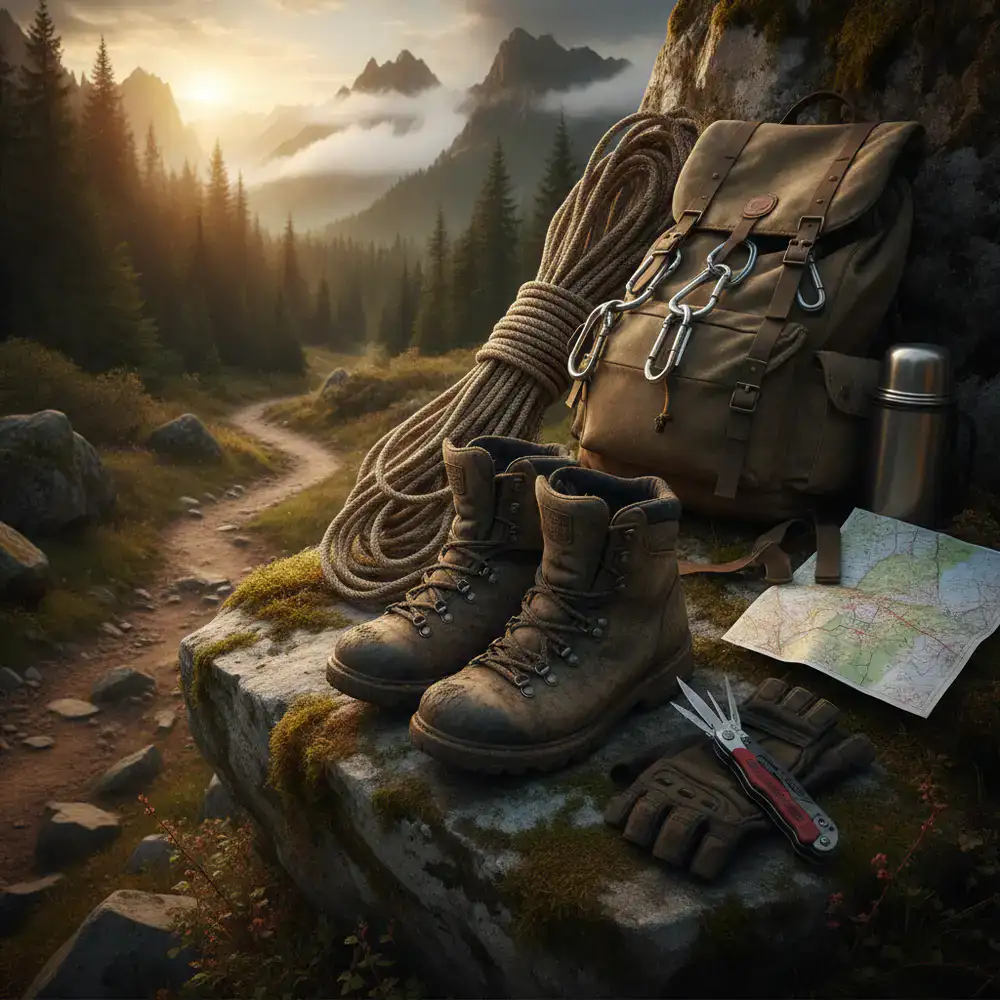 Muddy hiking boots and durable gear in a rugged environment