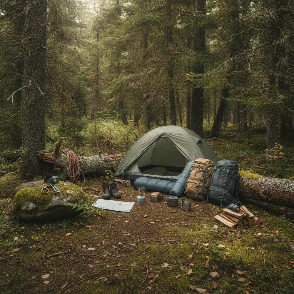 Camping gear laid out on a forest floor