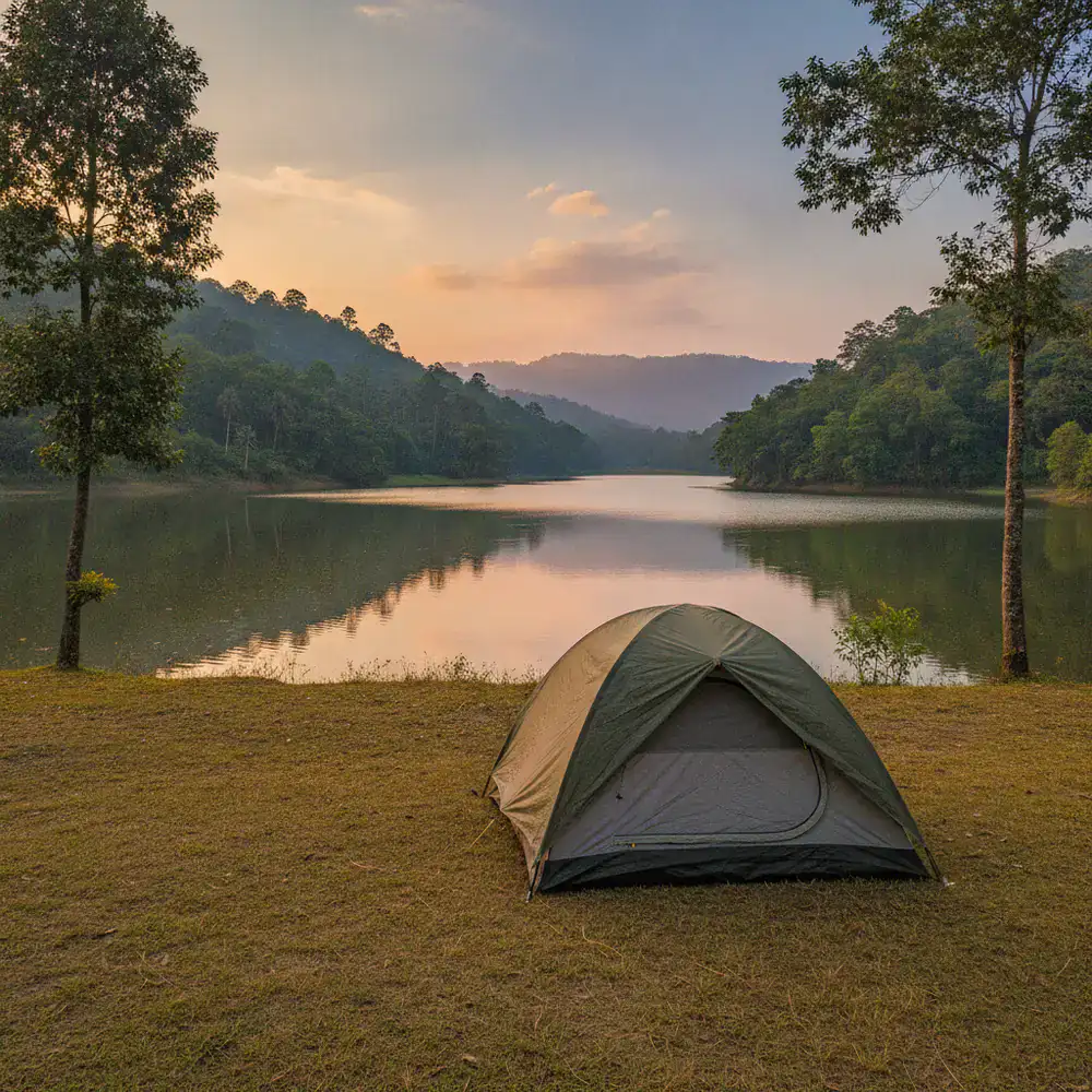 A sturdy camping tent pitched near a serene lake surrounded by hills in Bangladesh