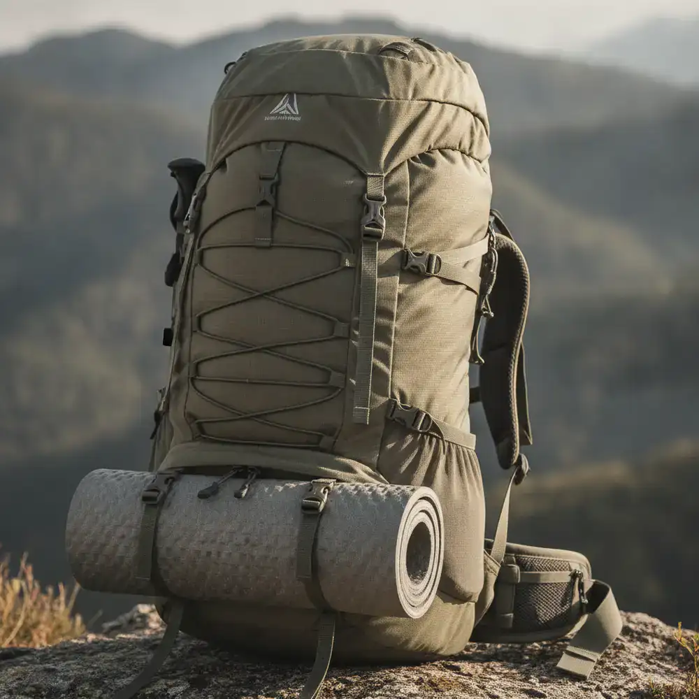 Close up of a durable 65L trekking backpack