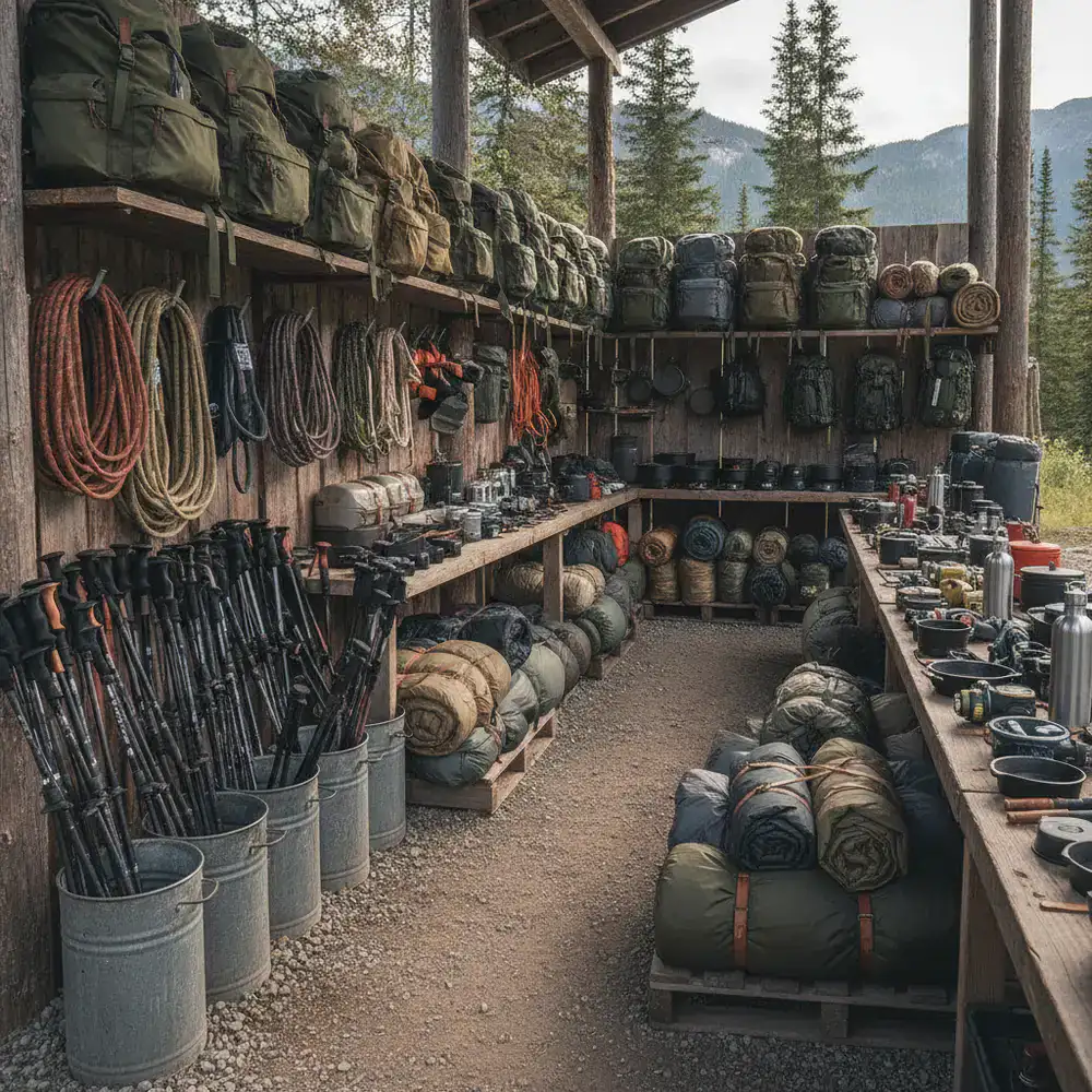 Durable camping equipment and hiking gear neatly organized at our central dispatch location